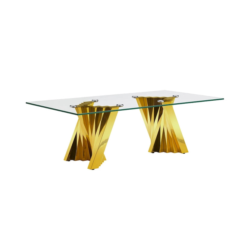 Table basse avec plateau en verre trempé et piètement en acier inoxydable finition miroir doré