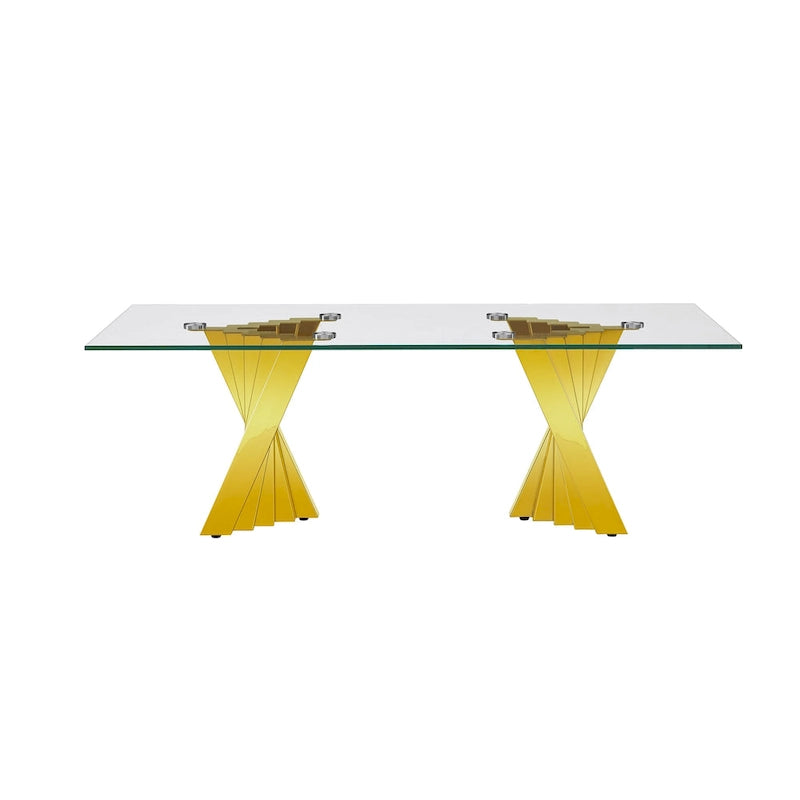Table basse avec plateau en verre trempé et piètement en acier inoxydable finition miroir doré