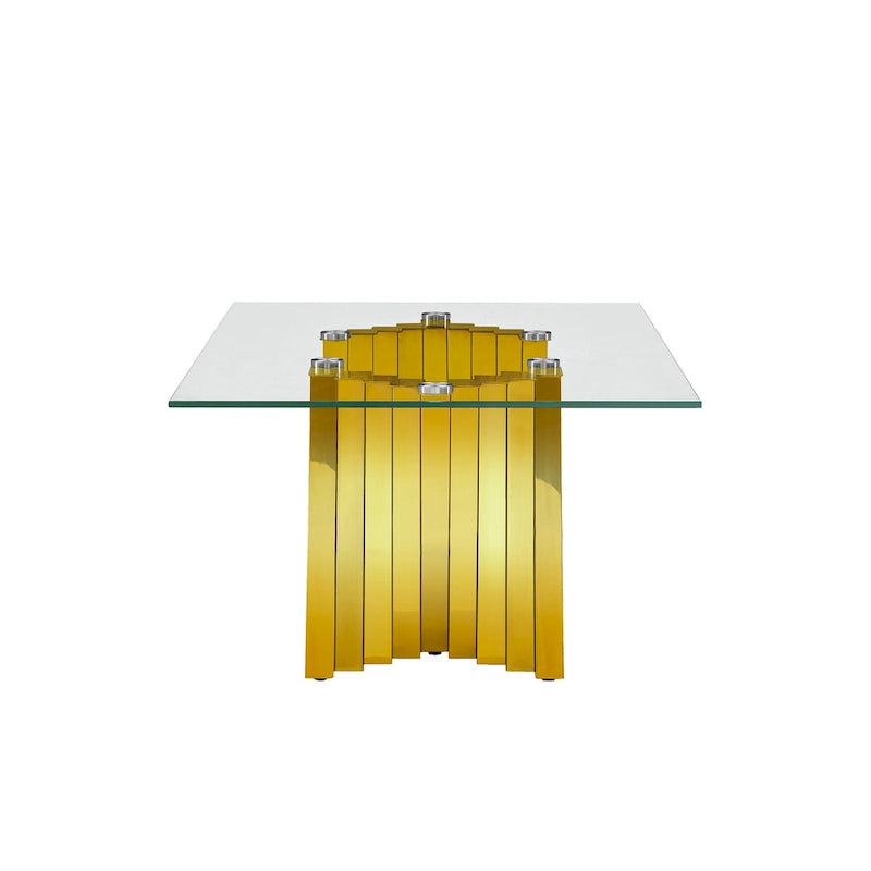 Table basse avec plateau en verre trempé et piètement en acier inoxydable finition miroir doré