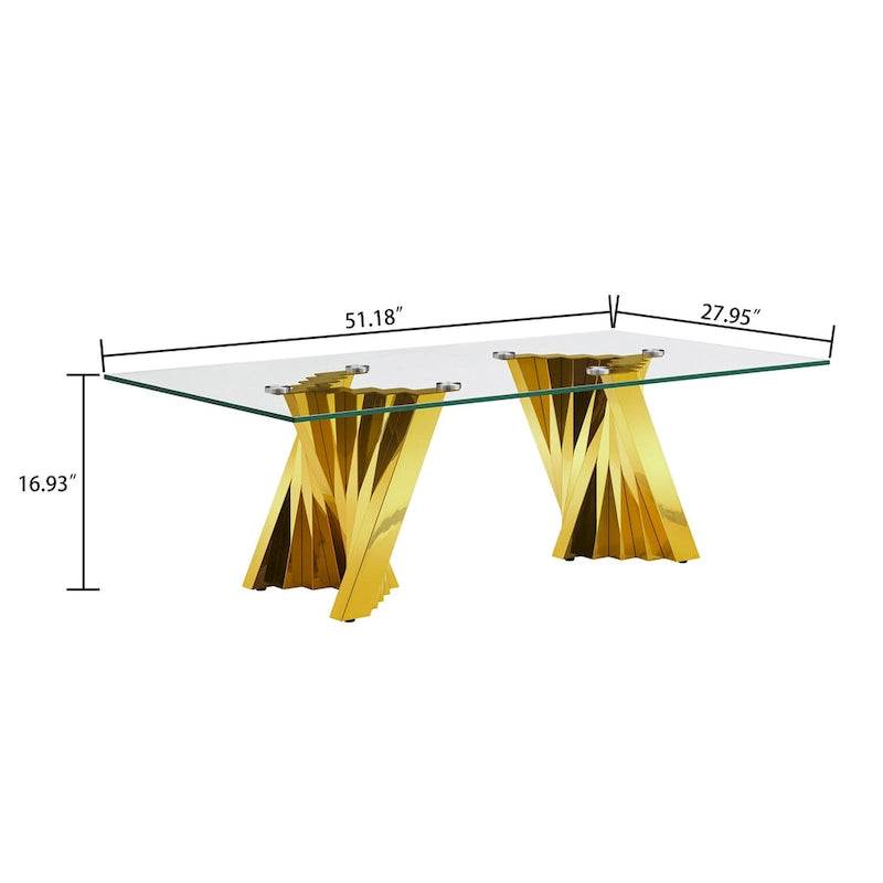 Table basse avec plateau en verre trempé et piètement en acier inoxydable finition miroir doré