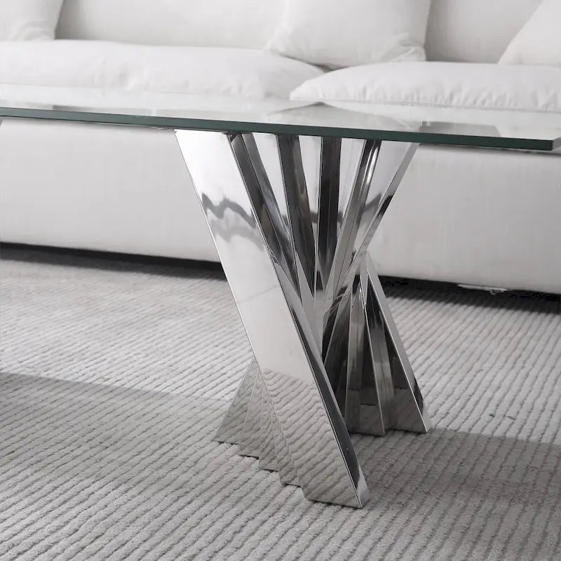 Table basse avec plateau en verre trempé et piètement en acier inoxydable finition miroir doré