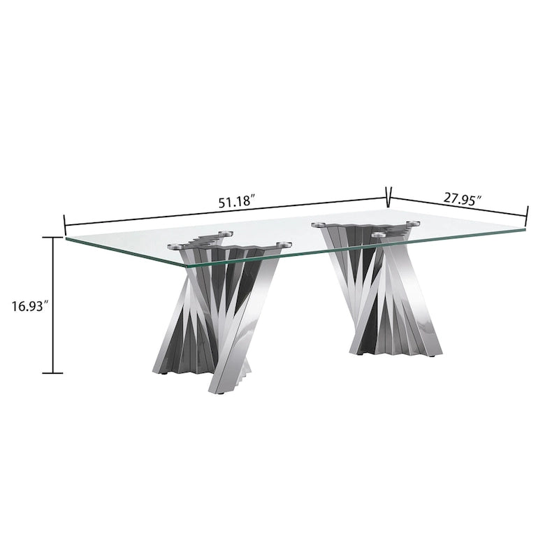 Table basse avec plateau en verre trempé et piètement en acier inoxydable finition miroir doré