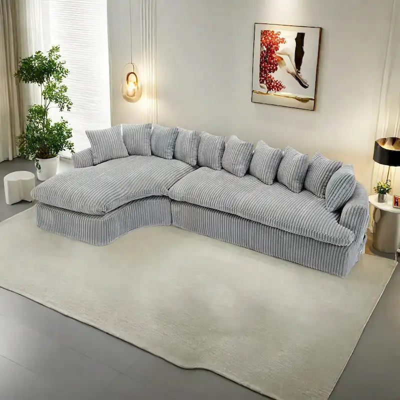 127 Canapé d'angle modulable en velours côtelé avec 10 oreillers, mousse haute résilience, aucun assemblage requis