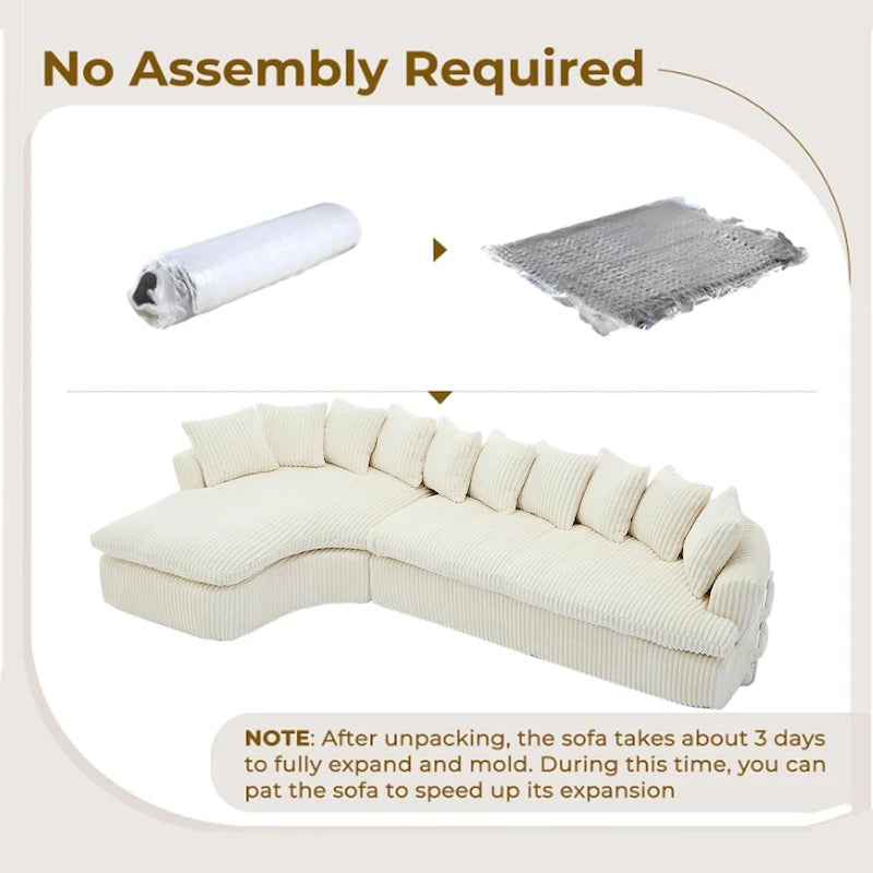 127 Canapé d'angle modulable en velours côtelé avec 10 oreillers, mousse haute résilience, aucun assemblage requis