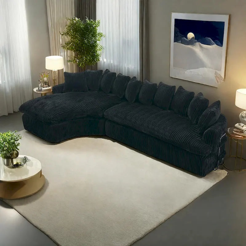 127 Canapé d'angle modulable en velours côtelé avec 10 oreillers, mousse haute résilience, aucun assemblage requis
