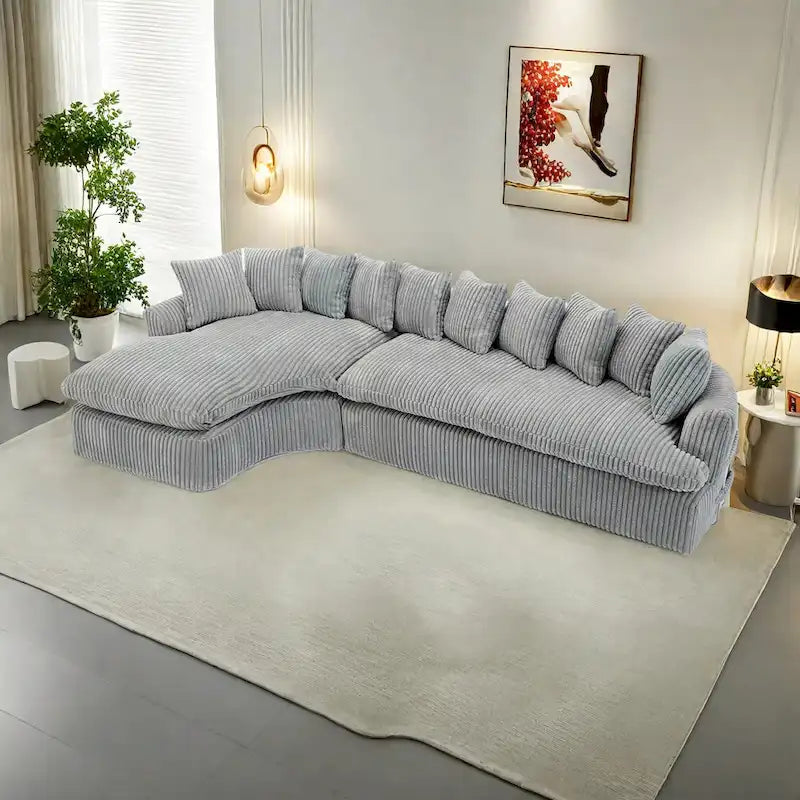 127 Canapé d'angle modulable en velours côtelé avec 10 oreillers, mousse haute résilience, aucun assemblage requis