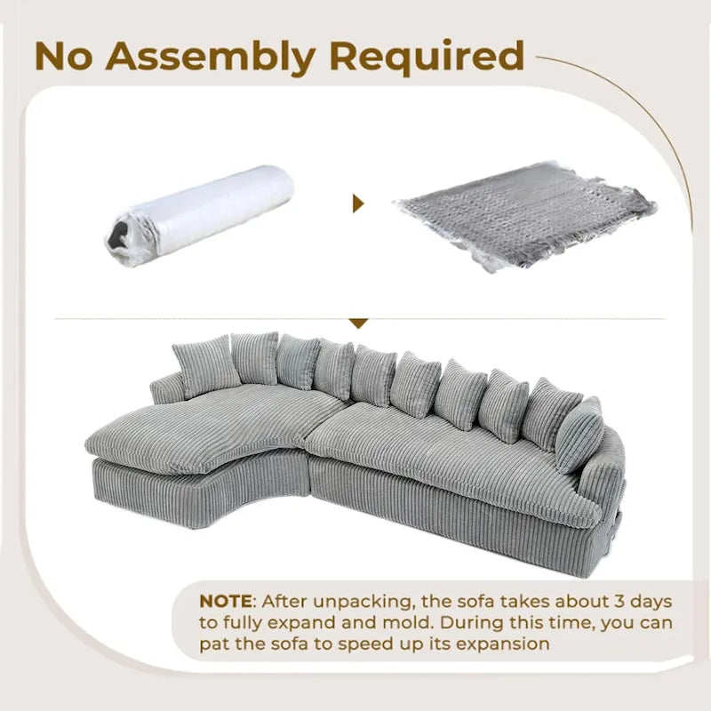127 Canapé d'angle modulable en velours côtelé avec 10 oreillers, mousse haute résilience, aucun assemblage requis