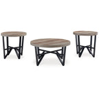 Ensemble table basse et 2 tables d'appoint 3 pièces Hya, bois marron plateau rond, pieds angulaires noirs