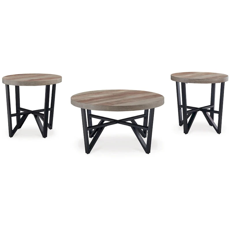 Ensemble table basse et 2 tables d'appoint 3 pièces Hya, bois marron plateau rond, pieds angulaires noirs