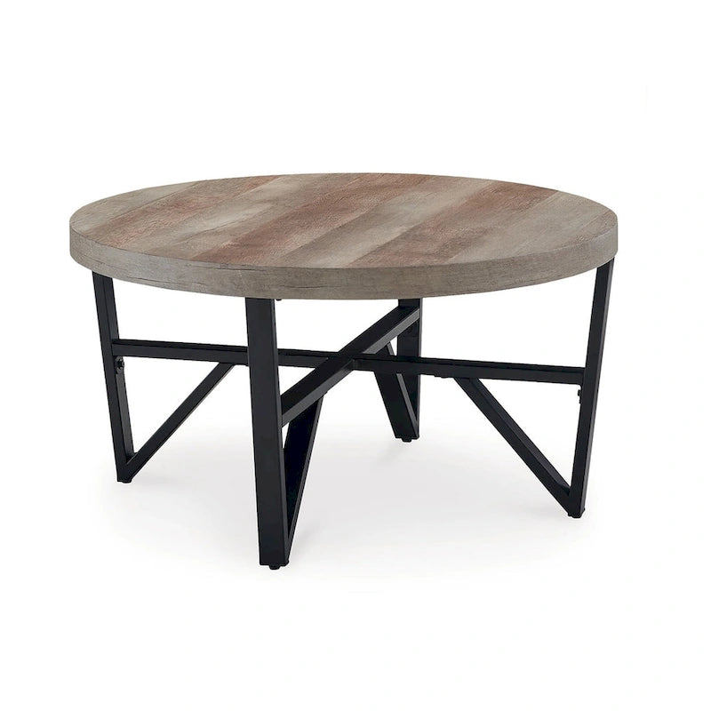 Ensemble table basse et 2 tables d'appoint 3 pièces Hya, bois marron plateau rond, pieds angulaires noirs