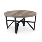 Ensemble table basse et 2 tables d'appoint 3 pièces Hya, bois marron plateau rond, pieds angulaires noirs