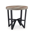 Ensemble table basse et 2 tables d'appoint 3 pièces Hya, bois marron plateau rond, pieds angulaires noirs