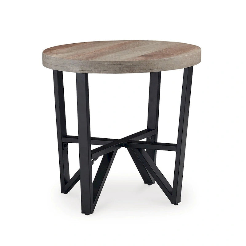 Ensemble table basse et 2 tables d'appoint 3 pièces Hya, bois marron plateau rond, pieds angulaires noirs
