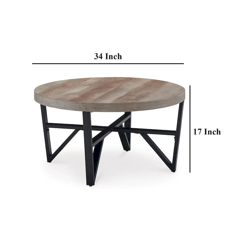 Ensemble table basse et 2 tables d'appoint 3 pièces Hya, bois marron plateau rond, pieds angulaires noirs