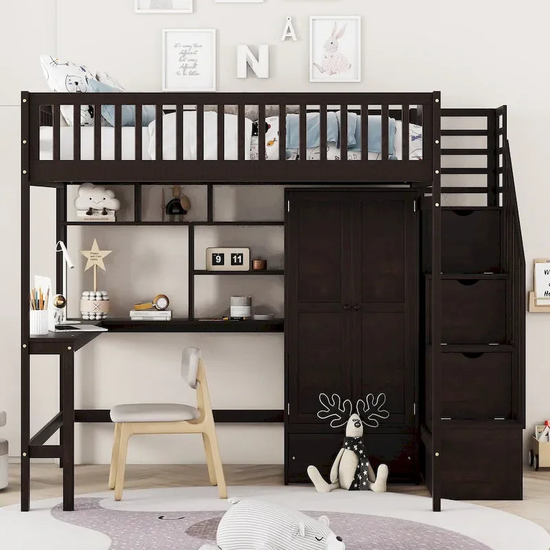 Lit mezzanine nordique créatif en bois, taille double, avec étagère, tiroirs, bureau et armoire de rangement, pour enfants, adolescents et adultes
