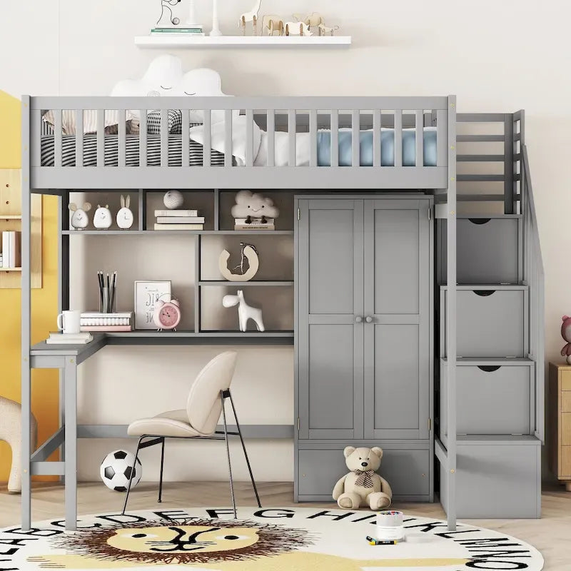 Lit mezzanine nordique créatif en bois, taille double, avec étagère, tiroirs, bureau et armoire de rangement, pour enfants, adolescents et adultes