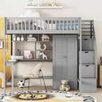 Lit mezzanine nordique créatif en bois, taille double, avec étagère, tiroirs, bureau et armoire de rangement, pour enfants, adolescents et adultes