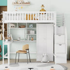 Lit mezzanine nordique créatif en bois, taille double, avec étagère, tiroirs, bureau et armoire de rangement, pour enfants, adolescents et adultes