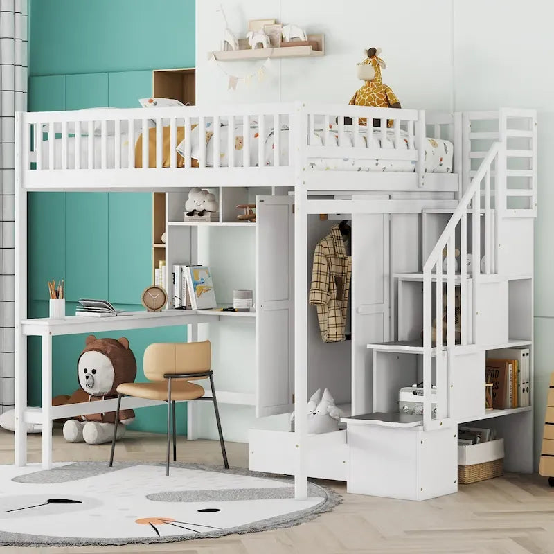 Lit mezzanine nordique créatif en bois, taille double, avec étagère, tiroirs, bureau et armoire de rangement, pour enfants, adolescents et adultes