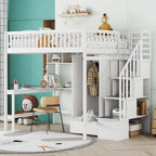 Lit mezzanine nordique créatif en bois, taille double, avec étagère, tiroirs, bureau et armoire de rangement, pour enfants, adolescents et adultes
