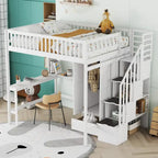 Lit mezzanine nordique créatif en bois, taille double, avec étagère, tiroirs, bureau et armoire de rangement, pour enfants, adolescents et adultes
