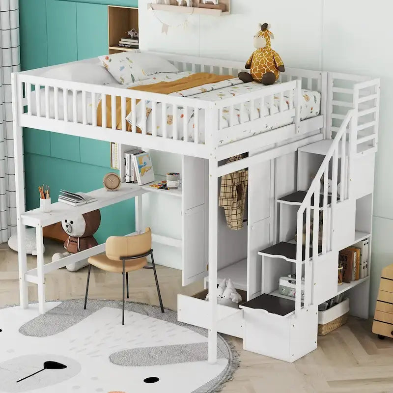 Lit mezzanine nordique créatif en bois, taille double, avec étagère, tiroirs, bureau et armoire de rangement, pour enfants, adolescents et adultes