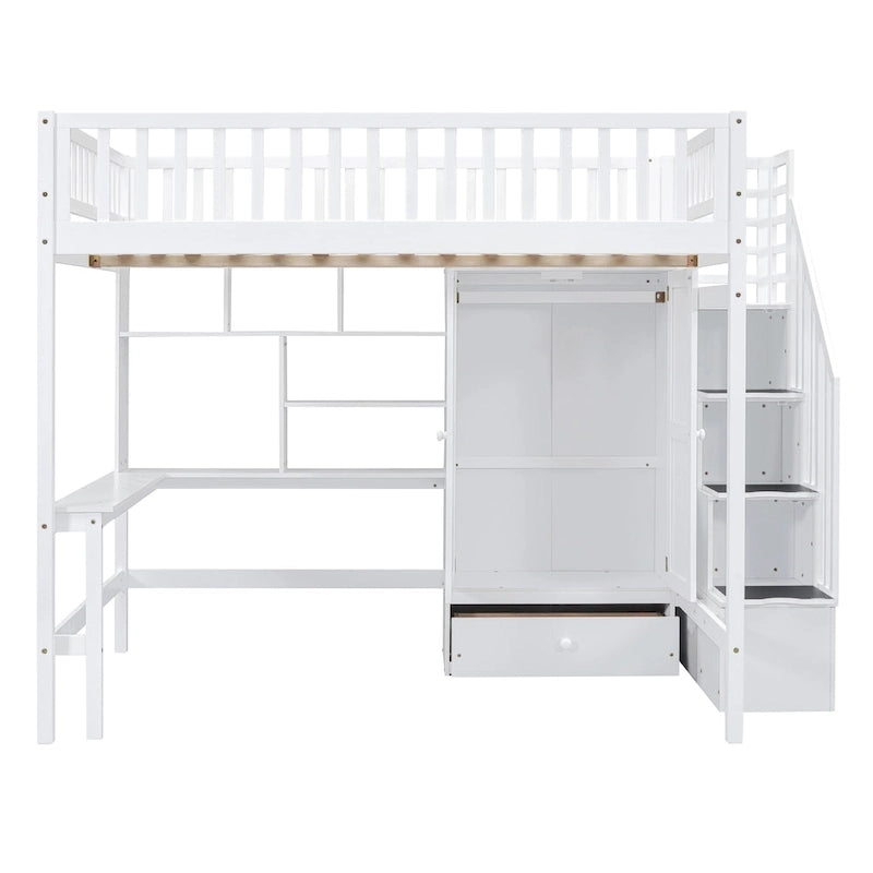 Lit mezzanine nordique créatif en bois, taille double, avec étagère, tiroirs, bureau et armoire de rangement, pour enfants, adolescents et adultes
