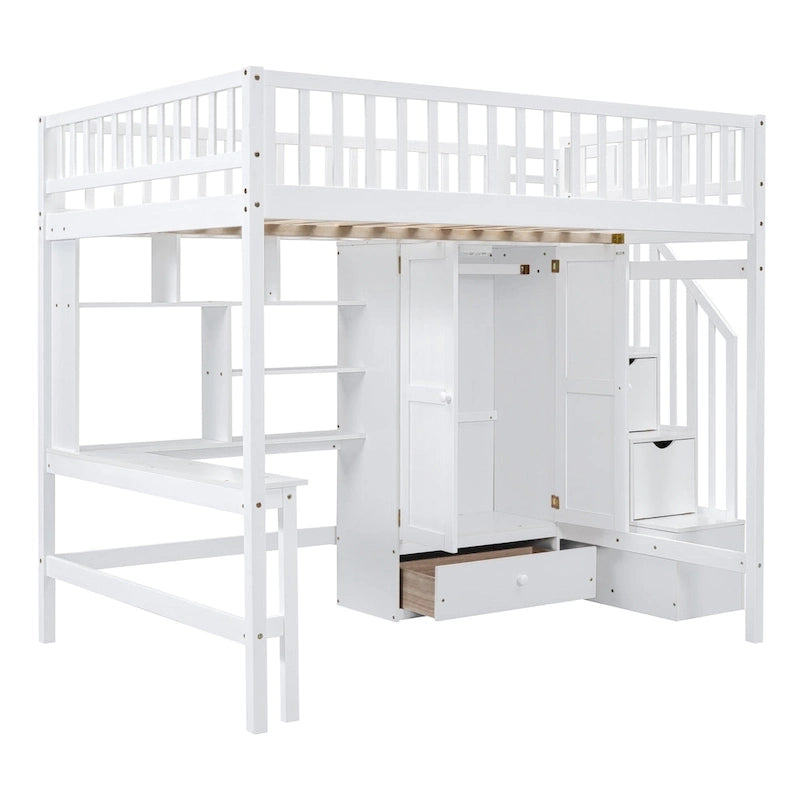 Lit mezzanine nordique créatif en bois, taille double, avec étagère, tiroirs, bureau et armoire de rangement, pour enfants, adolescents et adultes