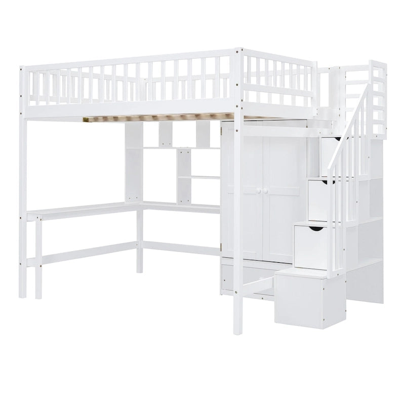 Lit mezzanine nordique créatif en bois, taille double, avec étagère, tiroirs, bureau et armoire de rangement, pour enfants, adolescents et adultes