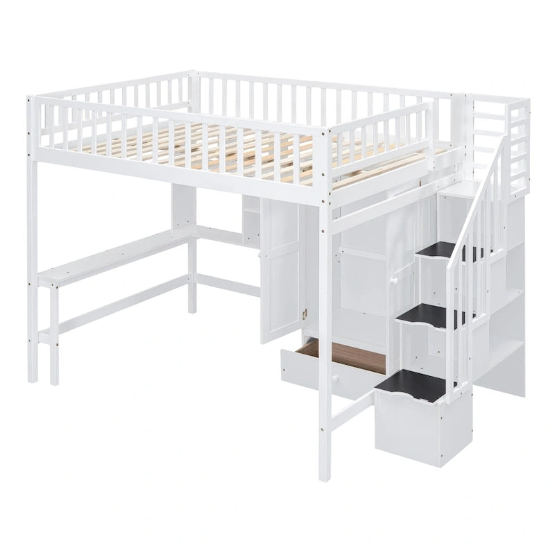Lit mezzanine nordique créatif en bois, taille double, avec étagère, tiroirs, bureau et armoire de rangement, pour enfants, adolescents et adultes