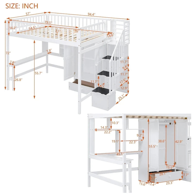 Lit mezzanine nordique créatif en bois, taille double, avec étagère, tiroirs, bureau et armoire de rangement, pour enfants, adolescents et adultes