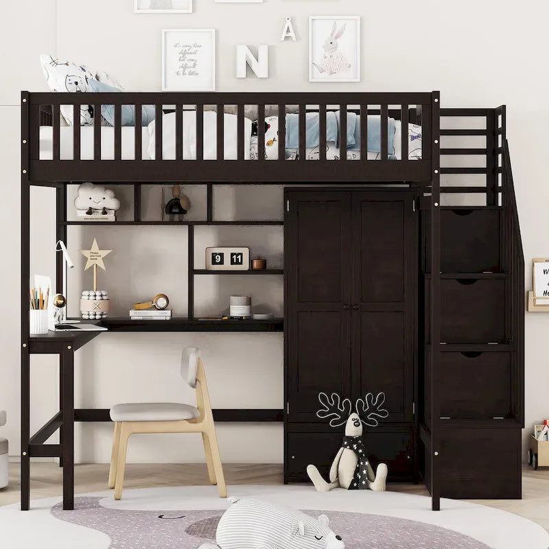 Lit mezzanine nordique créatif en bois, taille double, avec étagère, tiroirs, bureau et armoire de rangement, pour enfants, adolescents et adultes