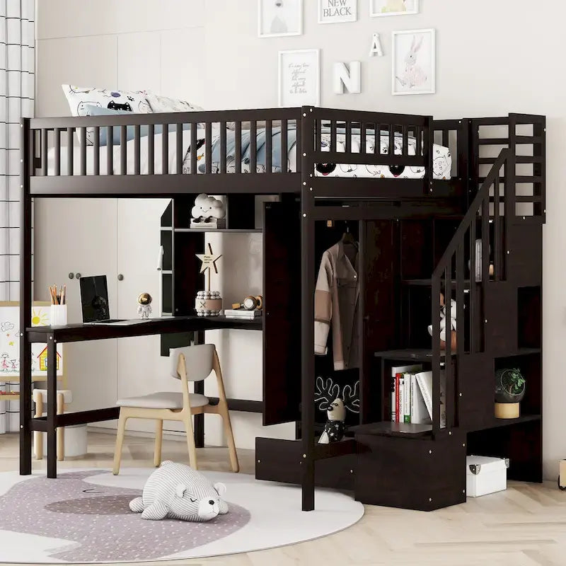 Lit mezzanine nordique créatif en bois, taille double, avec étagère, tiroirs, bureau et armoire de rangement, pour enfants, adolescents et adultes