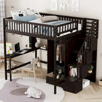 Lit mezzanine nordique créatif en bois, taille double, avec étagère, tiroirs, bureau et armoire de rangement, pour enfants, adolescents et adultes