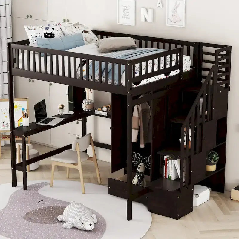 Lit mezzanine nordique créatif en bois, taille double, avec étagère, tiroirs, bureau et armoire de rangement, pour enfants, adolescents et adultes