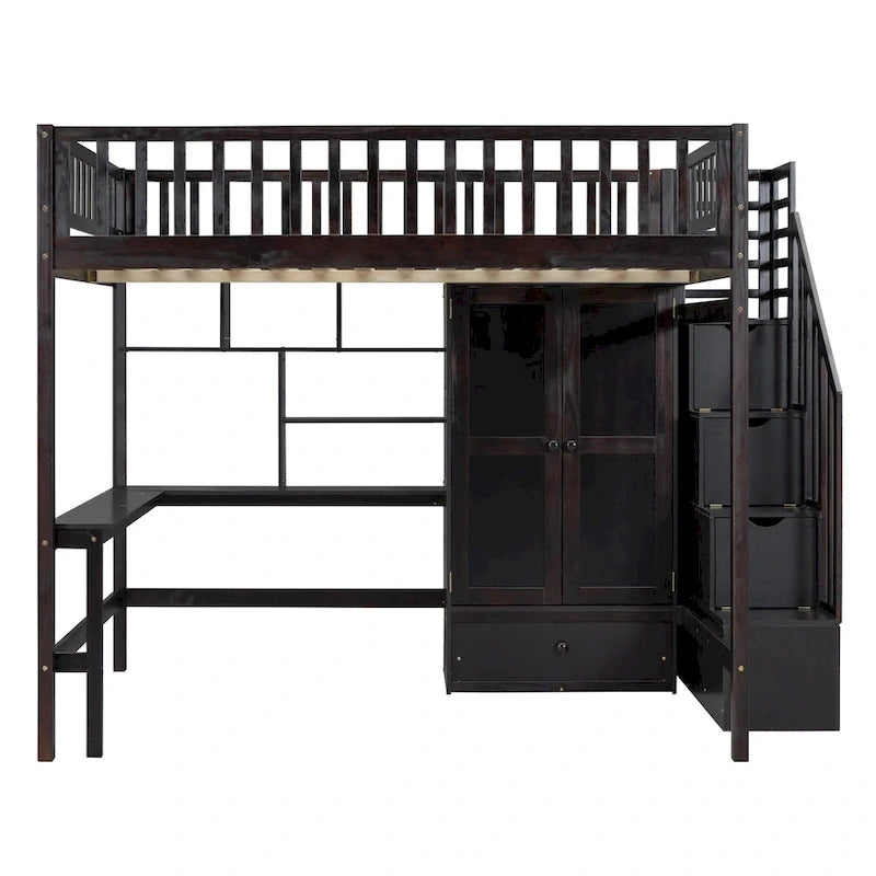 Lit mezzanine nordique créatif en bois, taille double, avec étagère, tiroirs, bureau et armoire de rangement, pour enfants, adolescents et adultes