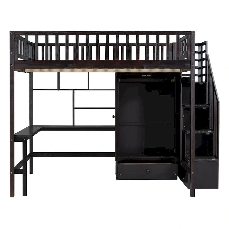 Lit mezzanine nordique créatif en bois, taille double, avec étagère, tiroirs, bureau et armoire de rangement, pour enfants, adolescents et adultes