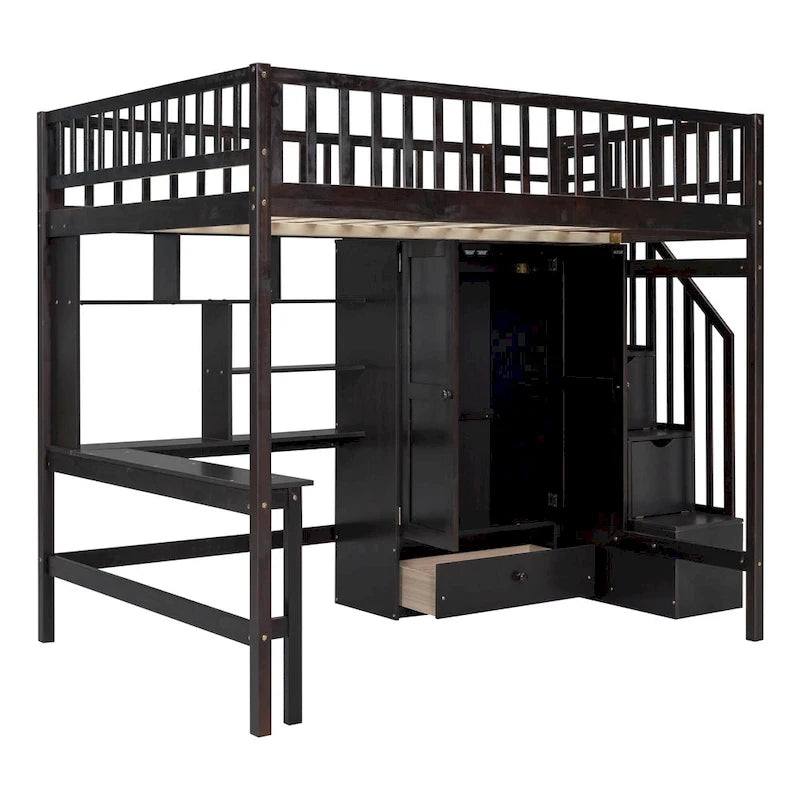 Lit mezzanine nordique créatif en bois, taille double, avec étagère, tiroirs, bureau et armoire de rangement, pour enfants, adolescents et adultes