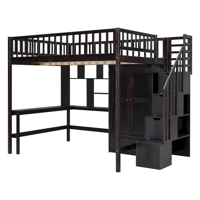 Lit mezzanine nordique créatif en bois, taille double, avec étagère, tiroirs, bureau et armoire de rangement, pour enfants, adolescents et adultes