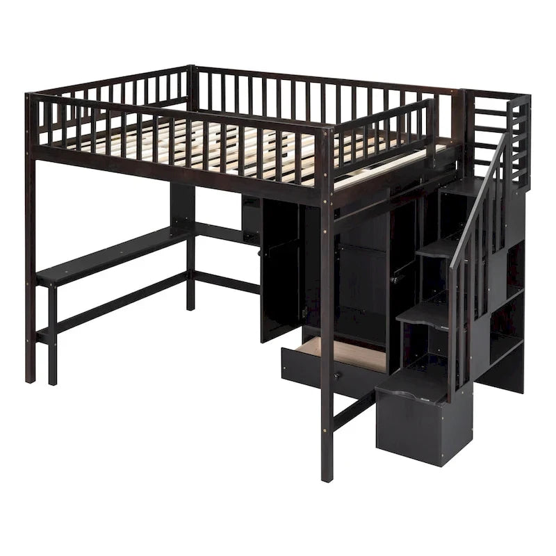 Lit mezzanine nordique créatif en bois, taille double, avec étagère, tiroirs, bureau et armoire de rangement, pour enfants, adolescents et adultes