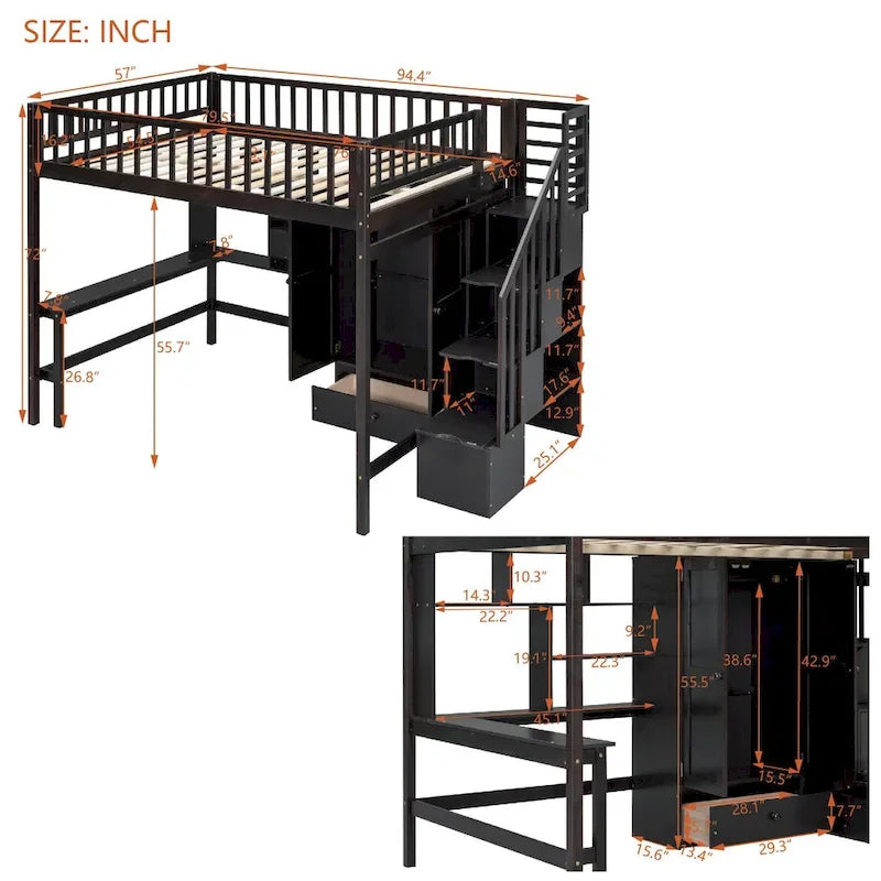 Lit mezzanine nordique créatif en bois, taille double, avec étagère, tiroirs, bureau et armoire de rangement, pour enfants, adolescents et adultes