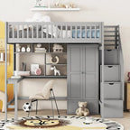 Lit mezzanine nordique créatif en bois, taille double, avec étagère, tiroirs, bureau et armoire de rangement, pour enfants, adolescents et adultes