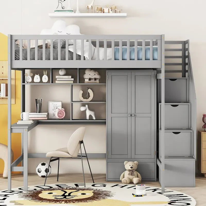 Lit mezzanine nordique créatif en bois, taille double, avec étagère, tiroirs, bureau et armoire de rangement, pour enfants, adolescents et adultes