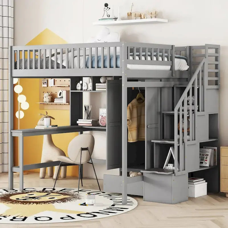 Lit mezzanine nordique créatif en bois, taille double, avec étagère, tiroirs, bureau et armoire de rangement, pour enfants, adolescents et adultes