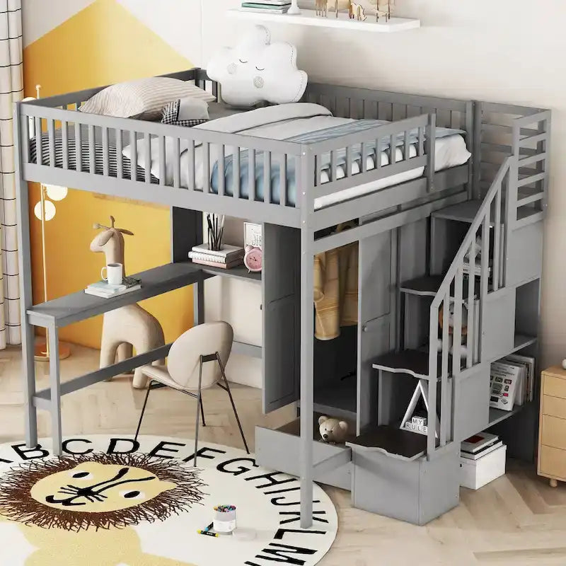 Lit mezzanine nordique créatif en bois, taille double, avec étagère, tiroirs, bureau et armoire de rangement, pour enfants, adolescents et adultes