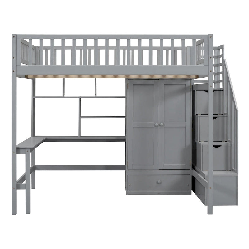 Lit mezzanine nordique créatif en bois, taille double, avec étagère, tiroirs, bureau et armoire de rangement, pour enfants, adolescents et adultes