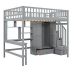 Lit mezzanine nordique créatif en bois, taille double, avec étagère, tiroirs, bureau et armoire de rangement, pour enfants, adolescents et adultes