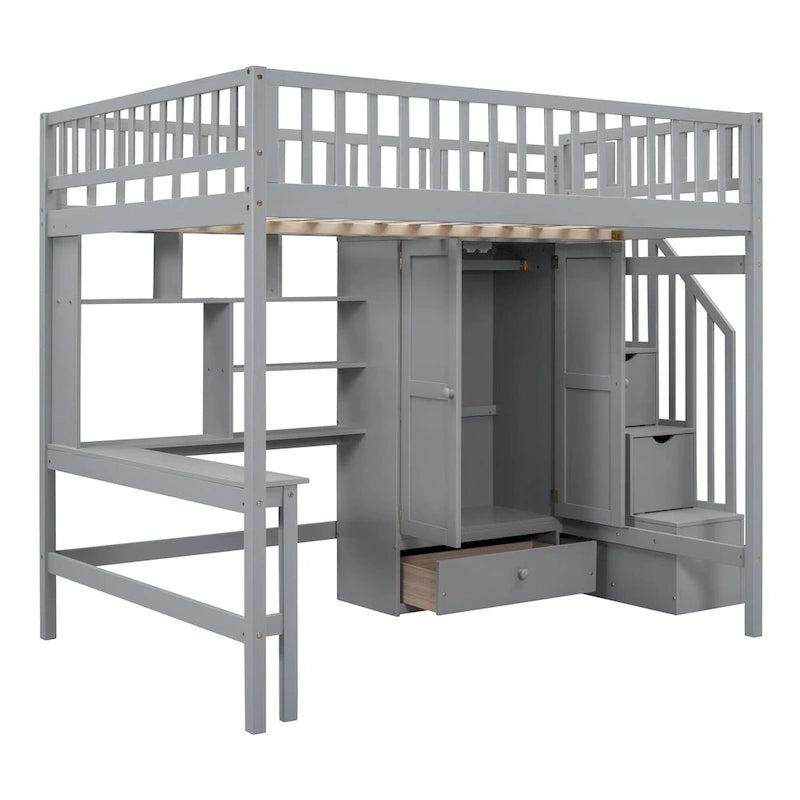 Lit mezzanine nordique créatif en bois, taille double, avec étagère, tiroirs, bureau et armoire de rangement, pour enfants, adolescents et adultes