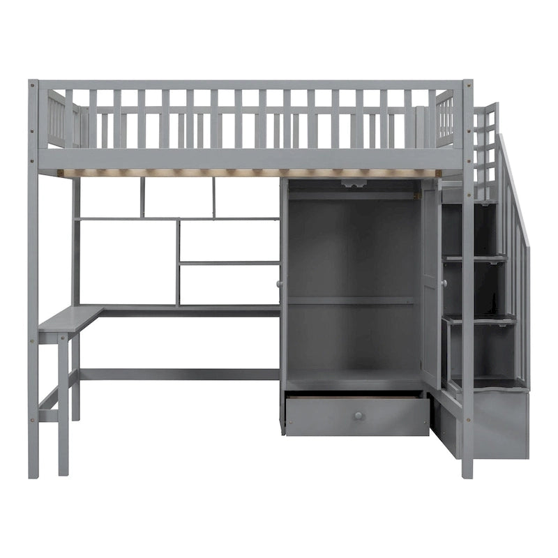 Lit mezzanine nordique créatif en bois, taille double, avec étagère, tiroirs, bureau et armoire de rangement, pour enfants, adolescents et adultes