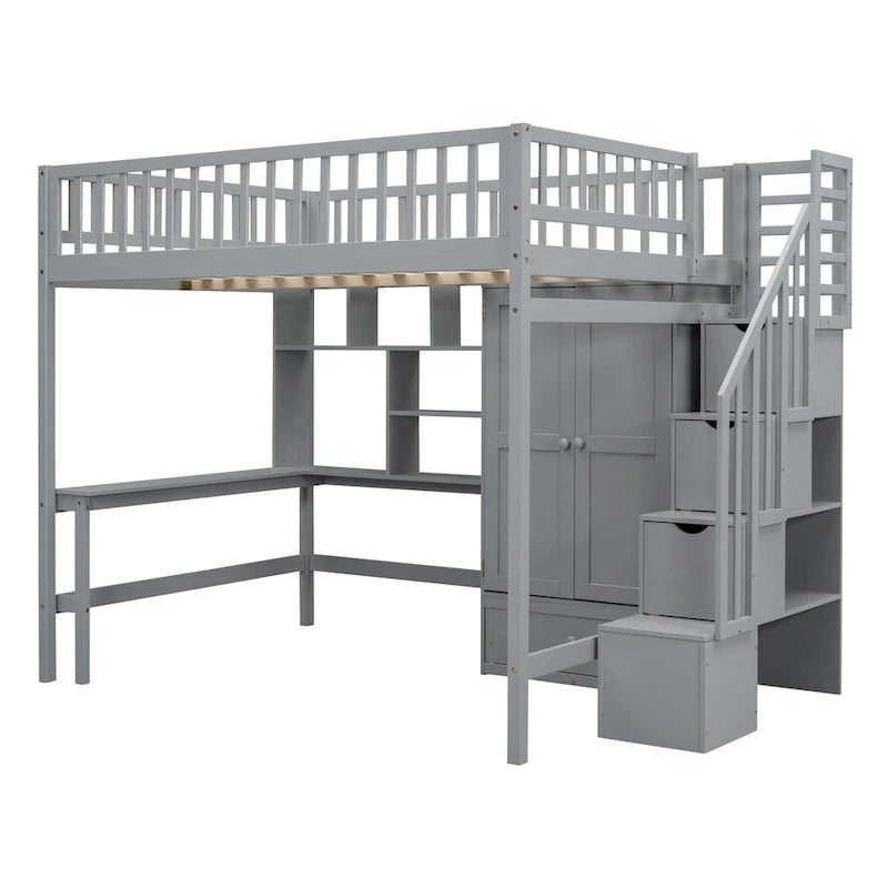 Lit mezzanine nordique créatif en bois, taille double, avec étagère, tiroirs, bureau et armoire de rangement, pour enfants, adolescents et adultes